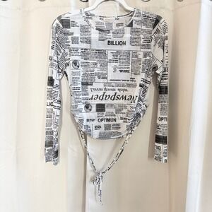 Occasion Newspaper Print Mesh Long Sleeve Sheer Crop Top Medium Y2K Grunge 19500